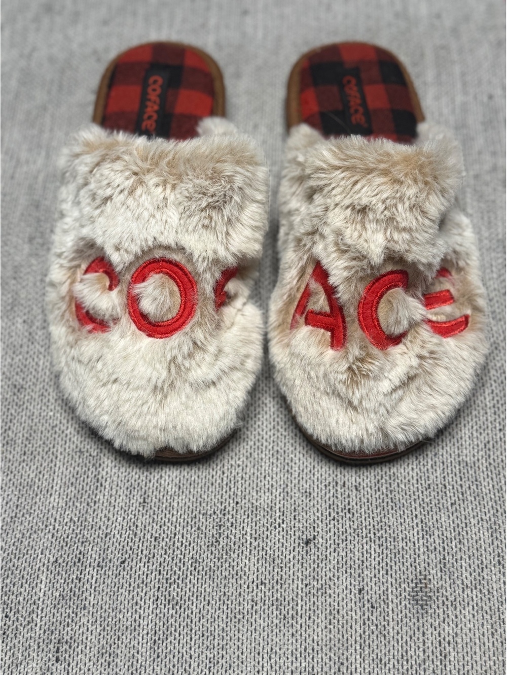 Coface Cozy Faux Fur Slippers with Red Embroidered Logo 8.5